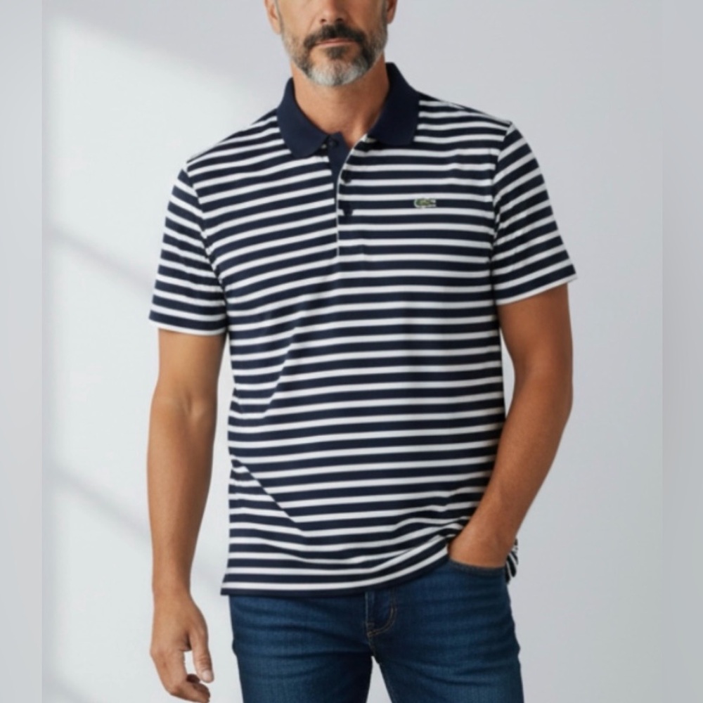 NEW Lacoste Men's Navy and White Striped Polo